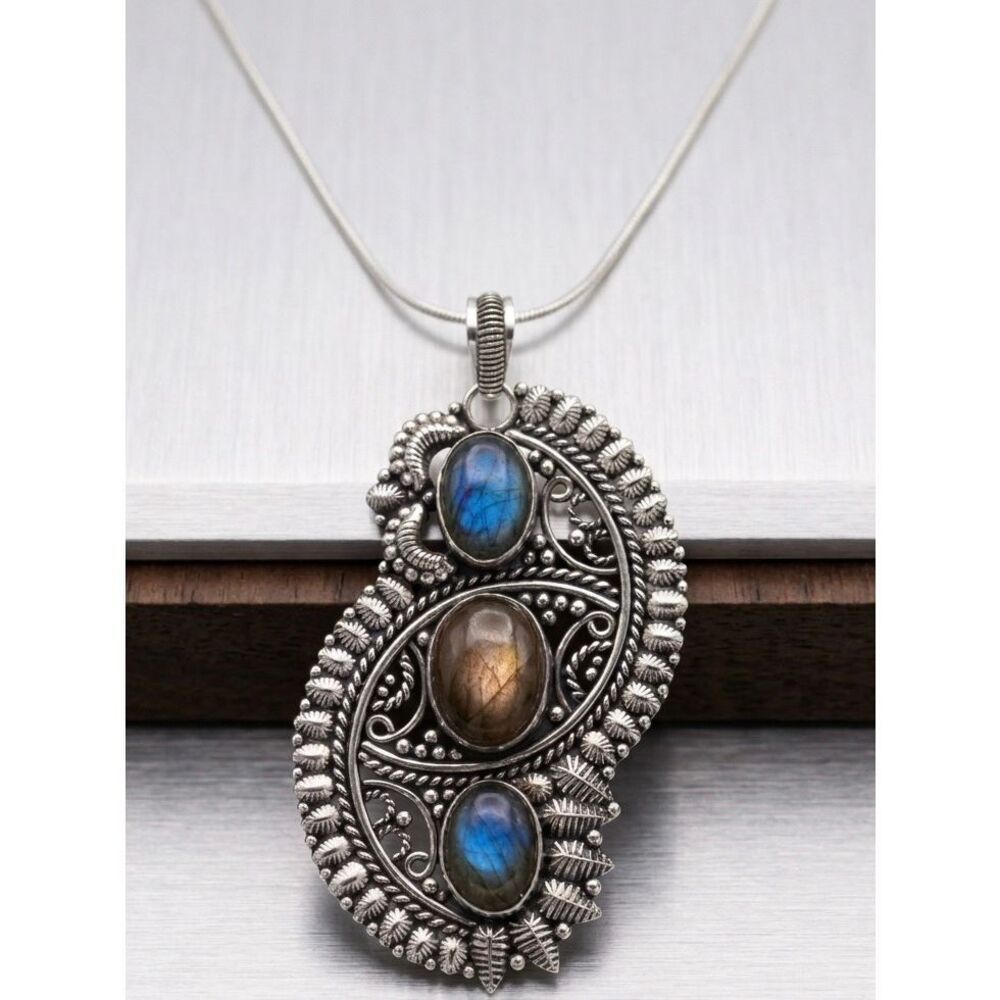 Stunning Bali Abstract Labradorite Sterling Silver Pendant Statement Necklace